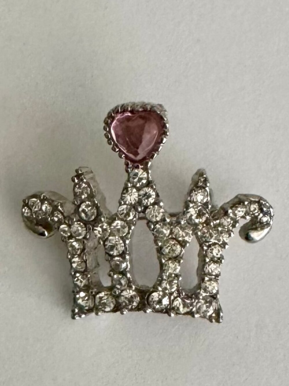 Vintage Silver Tone Rhinestone Crown Brooch Pink Heart Crystal Pin, MINT!